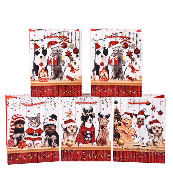 12pcs Christmas Holiday Paper Gift Bags with Handles, Cat and Dog Patterns for Christmas Snacks, Candies, Holiday Party Supplies Gifts (12*16*6.5cm)